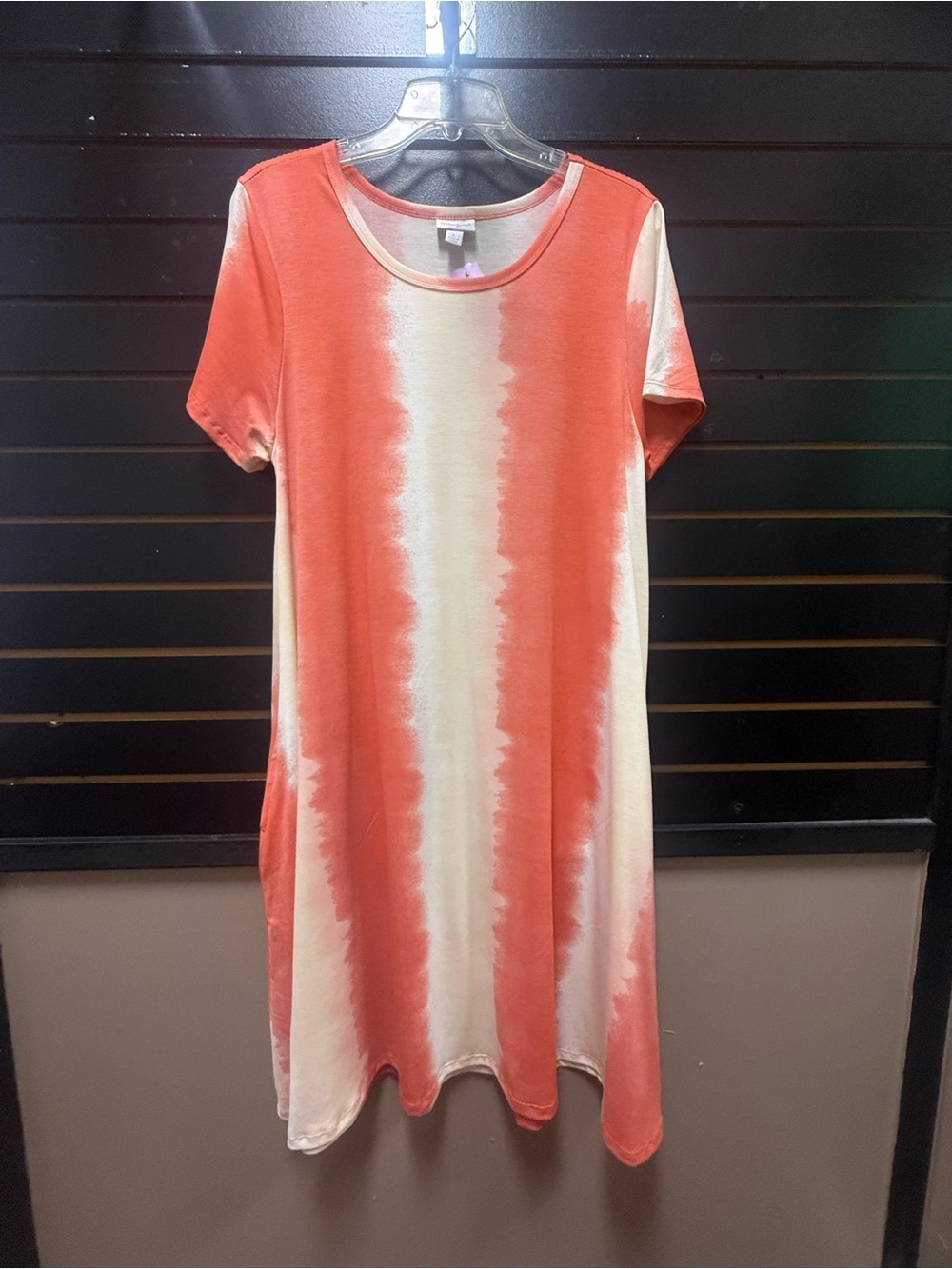 LuLaRoe Carly Dress Coral Cream Tie Dye Pockets Size L